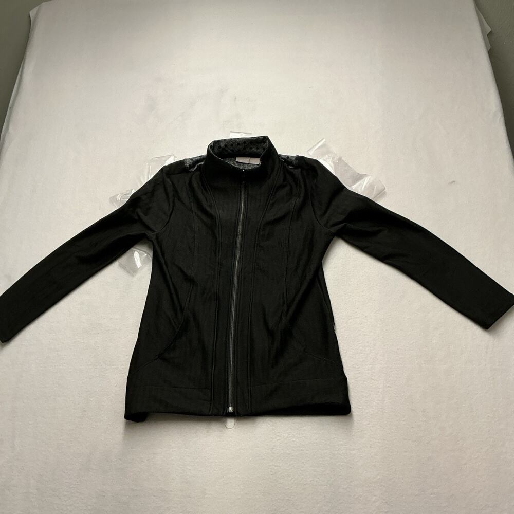 Chicos Zenergy Black Grey Polka Dot Zip Up Chevron Texture Jacket Sz 00P, 4228